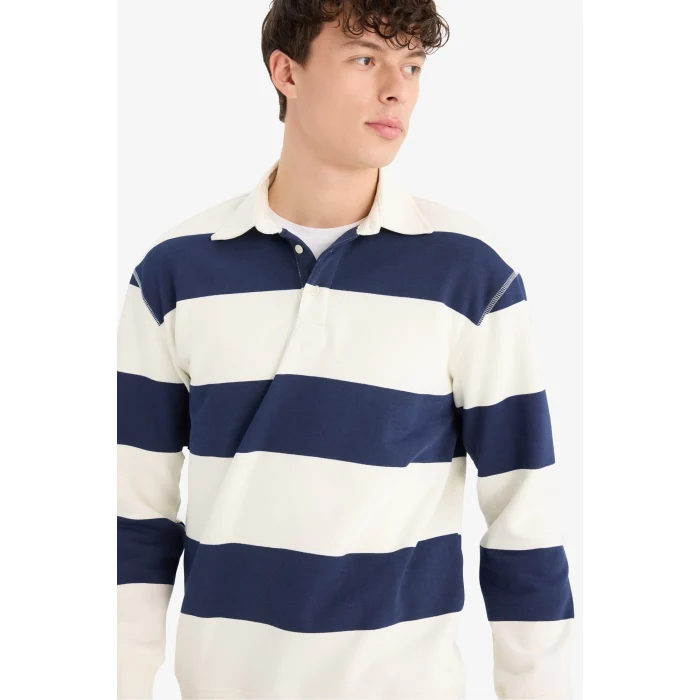 Defacto D7478 Lacivert Relax Fit Polo Yaka Çizgili Kalın Sweatshirt