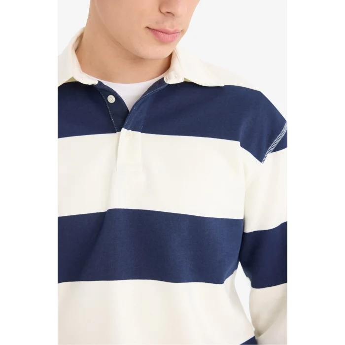 Defacto D7478 Lacivert Relax Fit Polo Yaka Çizgili Kalın Sweatshirt