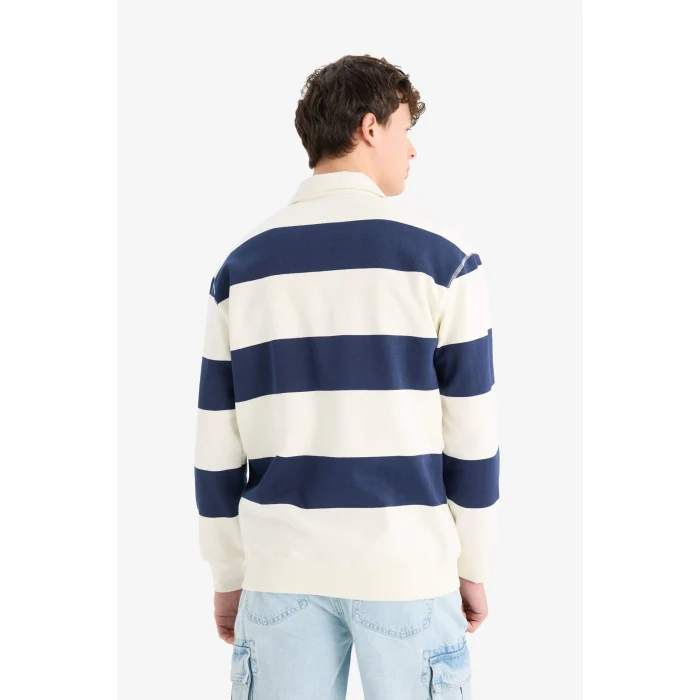 Defacto D7478 Lacivert Relax Fit Polo Yaka Çizgili Kalın Sweatshirt