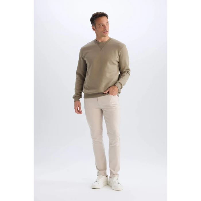 Defacto T3777 Haki Regular Fit Bisiklet Yaka Kalın Basic Düz Sweatshirt
