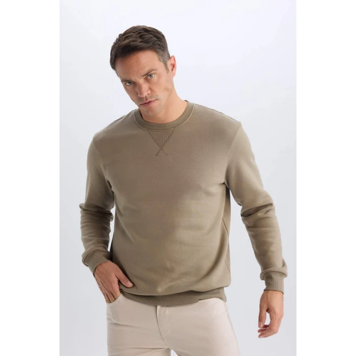 Defacto T3777 Haki Regular Fit Bisiklet Yaka Kalın Basic Düz Sweatshirt