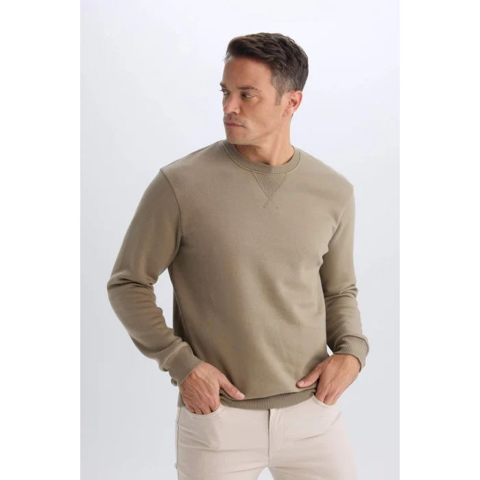 Defacto T3777 Haki Regular Fit Bisiklet Yaka Kalın Basic Düz Sweatshirt