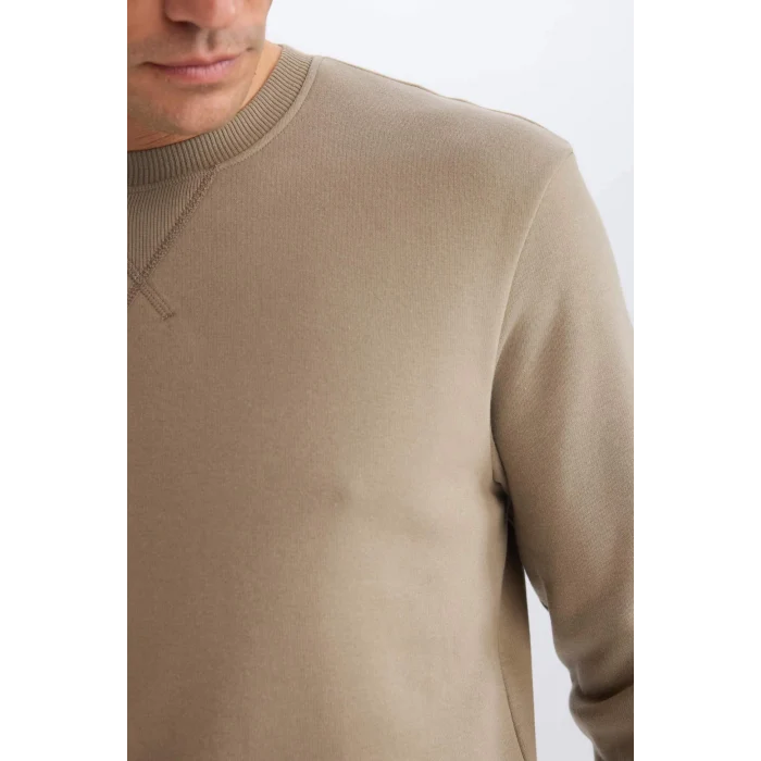 Defacto T3777 Haki Regular Fit Bisiklet Yaka Kalın Basic Düz Sweatshirt