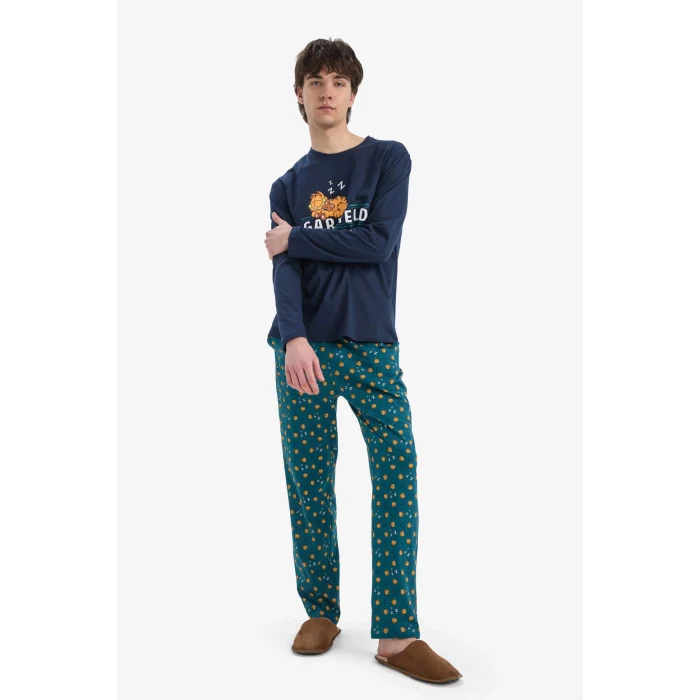 Defacto E0515 Lacivert Garfield Pijama Takımı Regular Fit Uzun Kollu Üst Esnek Belli Uzun Alt