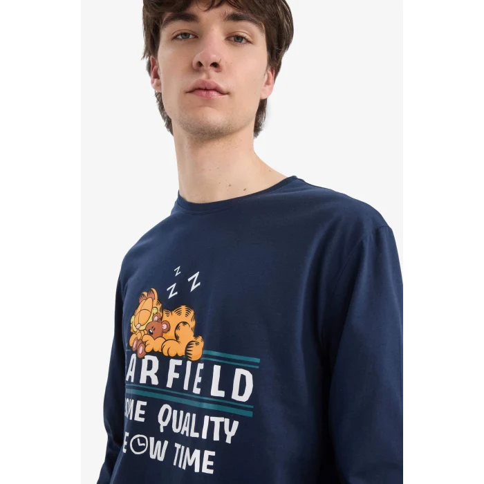 Defacto E0515 Lacivert Garfield Pijama Takımı Regular Fit Uzun Kollu Üst Esnek Belli Uzun Alt