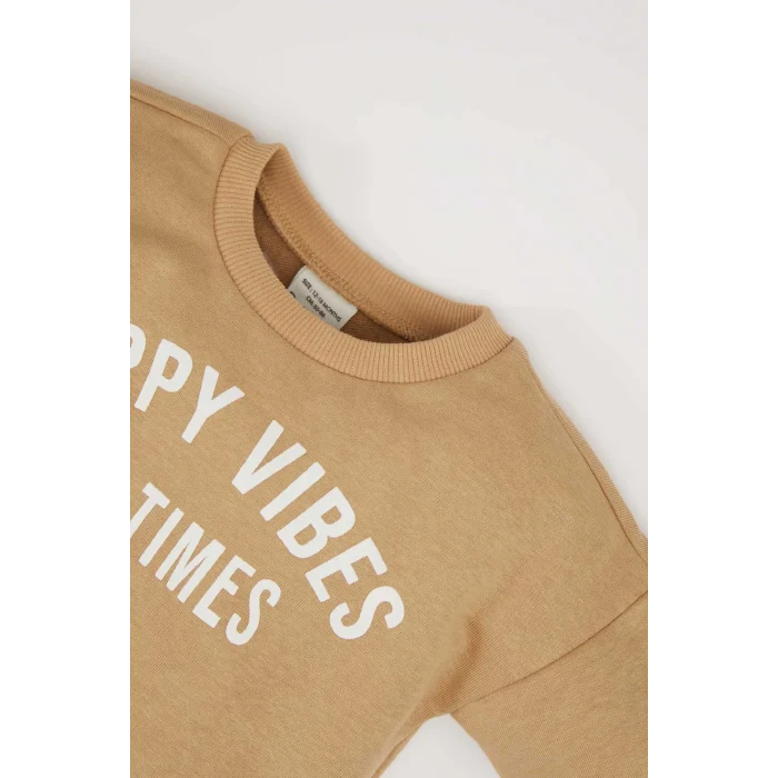 Defacto D7907 Bej Erkek Bebek 2li Takım Bisiklet Yaka Baskılı Sweatshirt Beli Lastikli Eşofman Altı