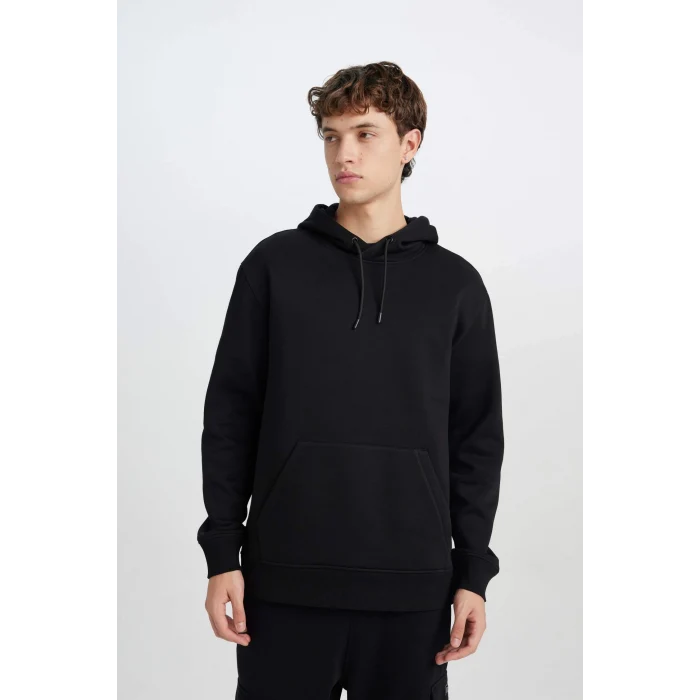 Defacto X8283 Siyah Regular Fit Kapüşonlu Kanguru Cepli İçi Yumuşak Tüylü Basic Düz Sweatshirt