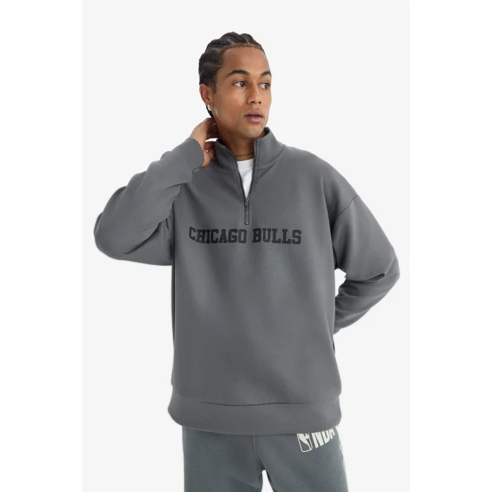 Defacto D8616 Gri DeFactoFit NBA Chicago Bulls Oversize Geniş Kalıp Fermuarlı Dik Yaka Skuba Dalgıç Kumaş Sweatshirt