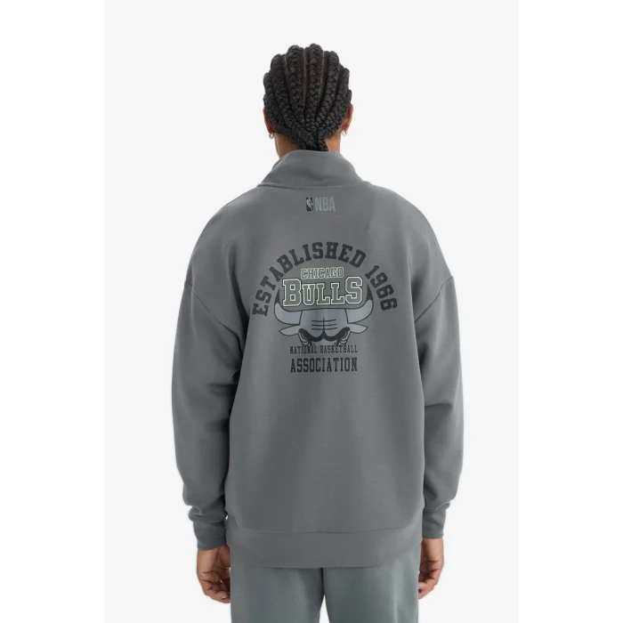 Defacto D8616 Gri DeFactoFit NBA Chicago Bulls Oversize Geniş Kalıp Fermuarlı Dik Yaka Skuba Dalgıç Kumaş Sweatshirt