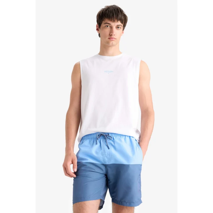 Defacto Z8108 Mavi Regular Fit Renk Bloklu File Astarlı Diz Üstü Deniz Şortu