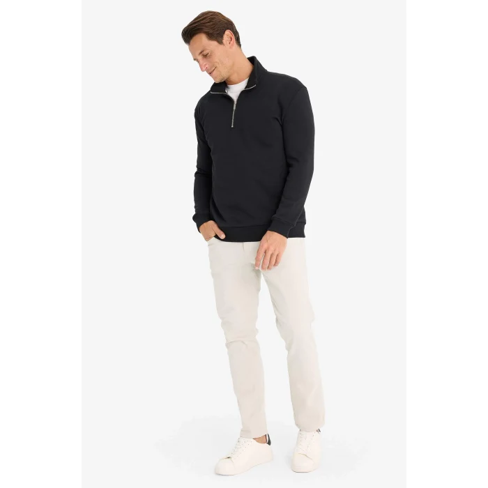 Defacto X7405 Siyah Comfort Regular Fit Rahat Kalıp Fermuarlı Dik Yaka Basic Düz Sweatshirt
