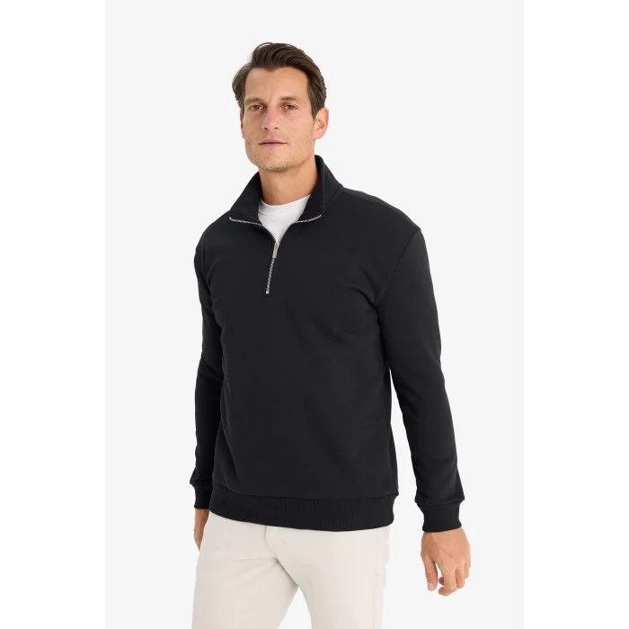 Defacto X7405 Siyah Comfort Regular Fit Rahat Kalıp Fermuarlı Dik Yaka Basic Düz Sweatshirt
