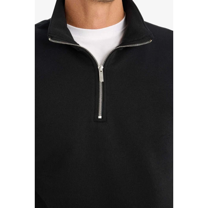 Defacto X7405 Siyah Comfort Regular Fit Rahat Kalıp Fermuarlı Dik Yaka Basic Düz Sweatshirt