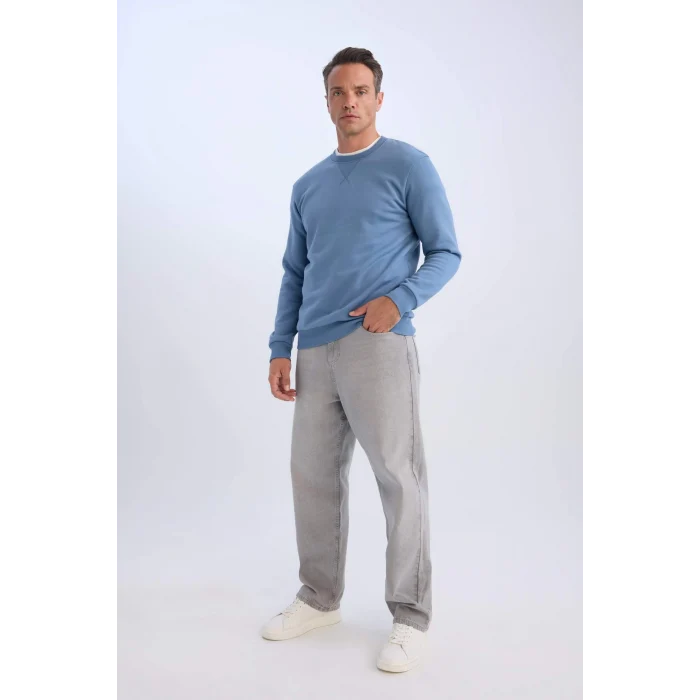 Defacto T3777 İndigo Regular Fit Bisiklet Yaka Kalın Basic Düz Sweatshirt