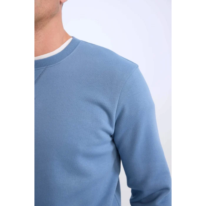 Defacto T3777 İndigo Regular Fit Bisiklet Yaka Kalın Basic Düz Sweatshirt