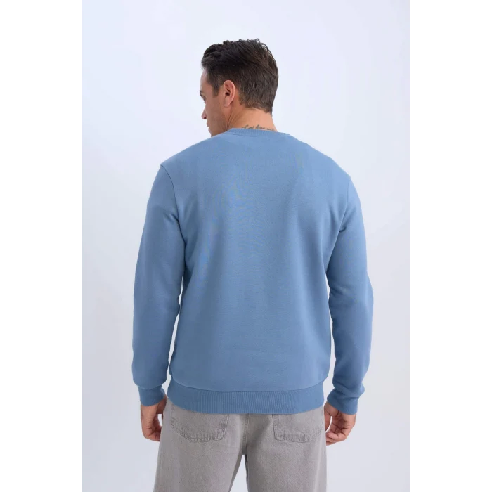 Defacto T3777 İndigo Regular Fit Bisiklet Yaka Kalın Basic Düz Sweatshirt