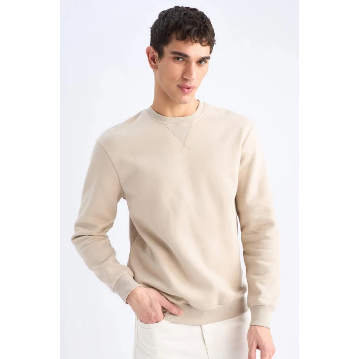 Defacto T3777 Bej Regular Fit Bisiklet Yaka Kalın Basic Düz Sweatshirt