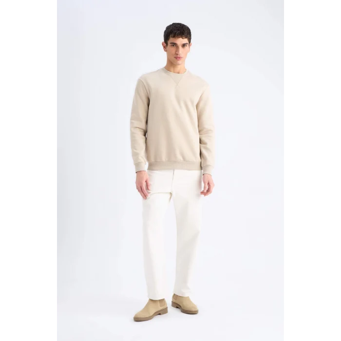 Defacto T3777 Bej Regular Fit Bisiklet Yaka Kalın Basic Düz Sweatshirt