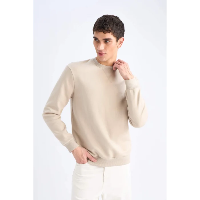 Defacto T3777 Bej Regular Fit Bisiklet Yaka Kalın Basic Düz Sweatshirt