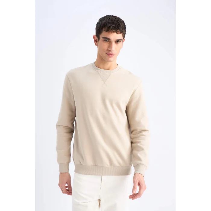 Defacto T3777 Bej Regular Fit Bisiklet Yaka Kalın Basic Düz Sweatshirt