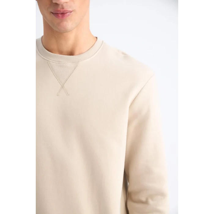 Defacto T3777 Bej Regular Fit Bisiklet Yaka Kalın Basic Düz Sweatshirt