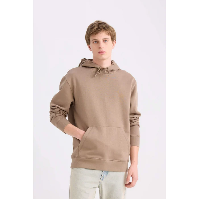 Defacto X8283 Kahve Regular Fit Kapüşonlu Kanguru Cepli İçi Yumuşak Tüylü Basic Düz Sweatshirt