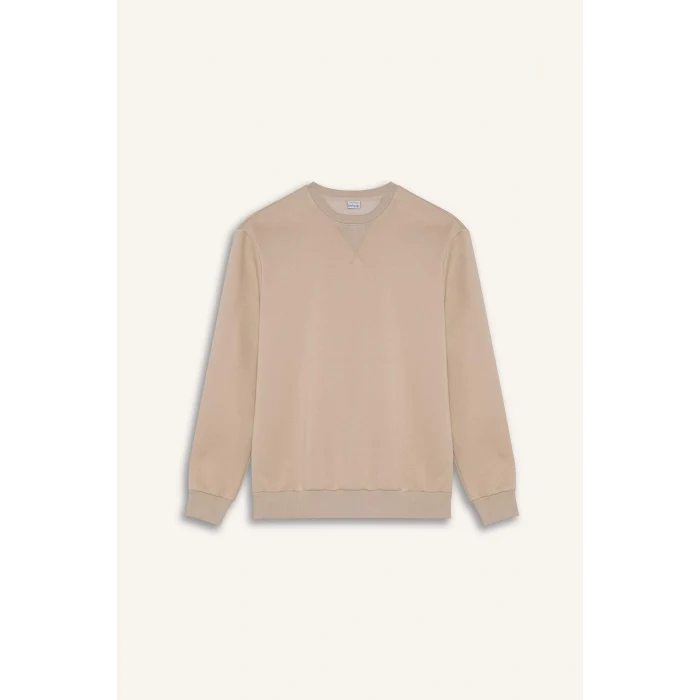 Defacto T3777 Bej Regular Fit Bisiklet Yaka Kalın Basic Düz Sweatshirt