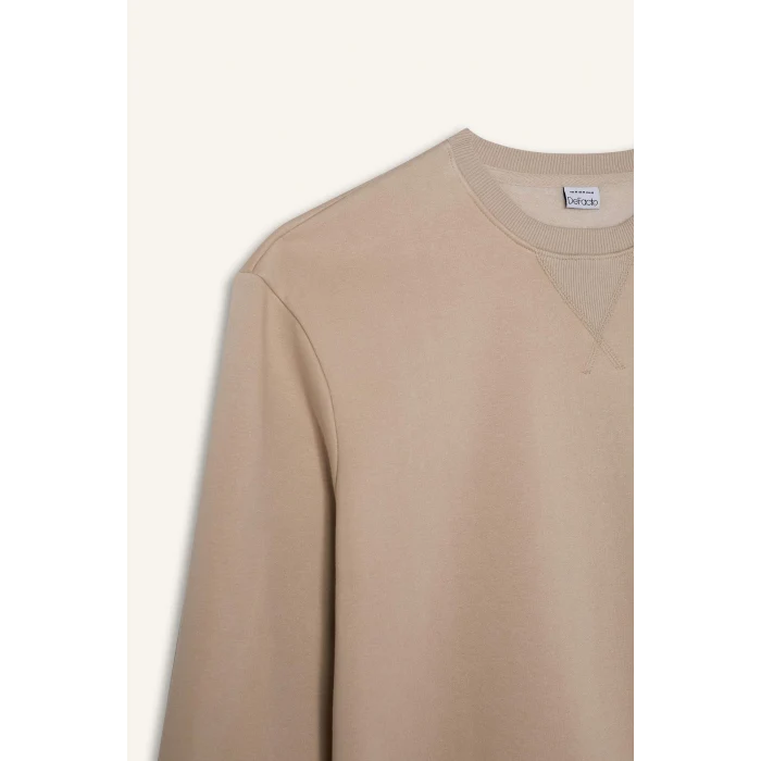 Defacto T3777 Bej Regular Fit Bisiklet Yaka Kalın Basic Düz Sweatshirt