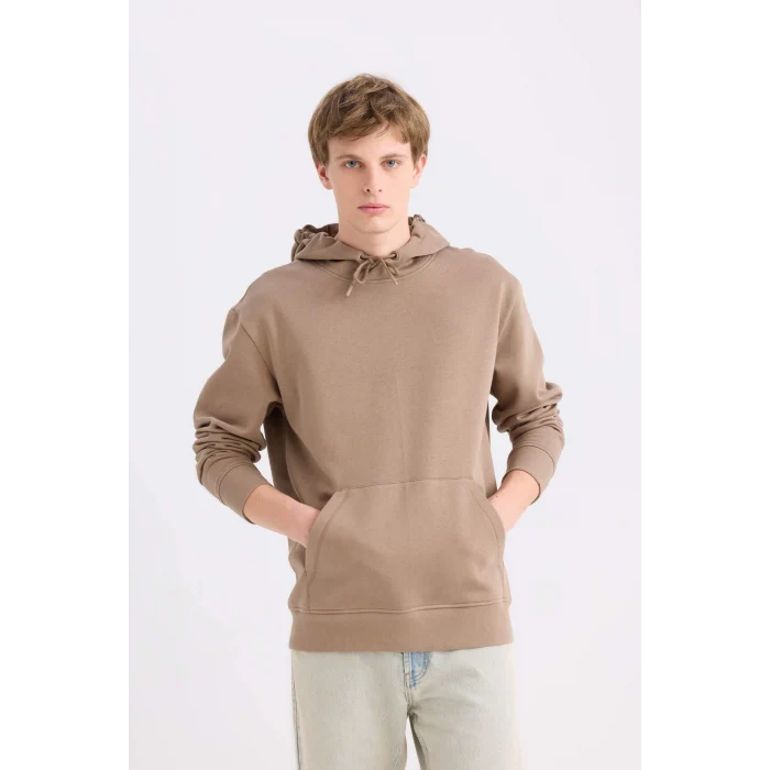 Defacto X8283 Kahve Regular Fit Kapüşonlu Kanguru Cepli İçi Yumuşak Tüylü Basic Düz Sweatshirt