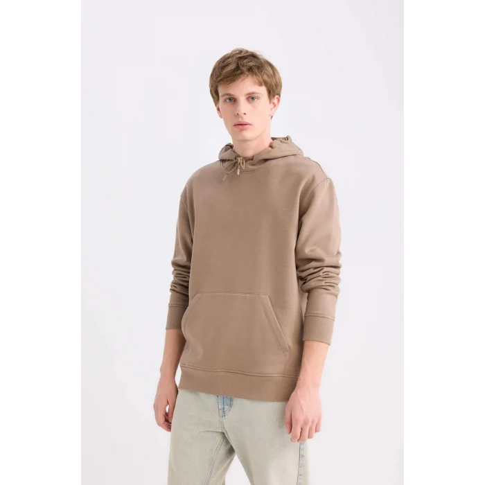 Defacto X8283 Kahve Regular Fit Kapüşonlu Kanguru Cepli İçi Yumuşak Tüylü Basic Düz Sweatshirt