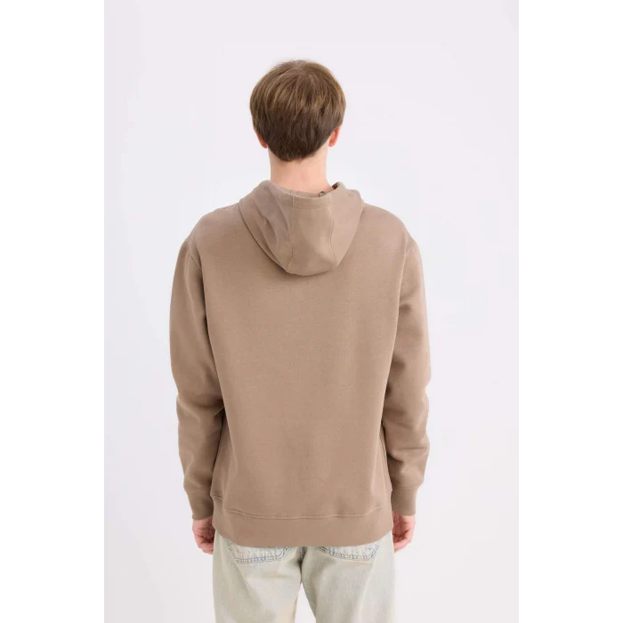 Defacto X8283 Kahve Regular Fit Kapüşonlu Kanguru Cepli İçi Yumuşak Tüylü Basic Düz Sweatshirt
