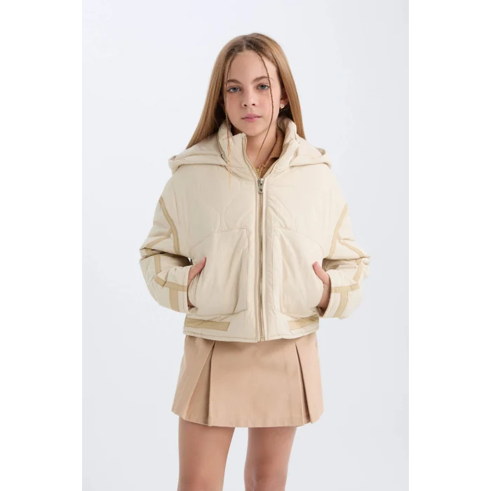 Defacto D6931 Bej Kız Çocuk Su İtici Kapüşonlu Fermuarlı Cepli Mont