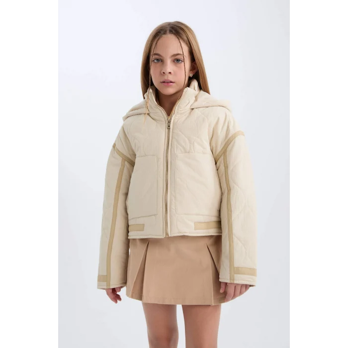 Defacto D6931 Bej Kız Çocuk Su İtici Kapüşonlu Fermuarlı Cepli Mont