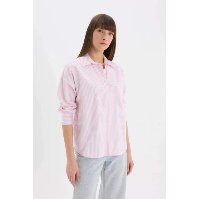 Defacto D4512 Pembe Oversize Geniş Kalıp Çizgili Oxford Uzun Kollu Gömlek