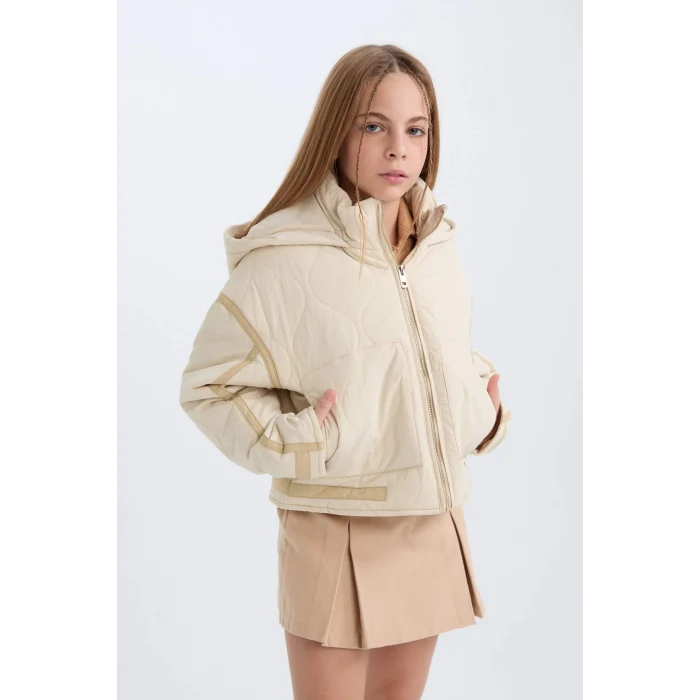 Defacto D6931 Bej Kız Çocuk Su İtici Kapüşonlu Fermuarlı Cepli Mont