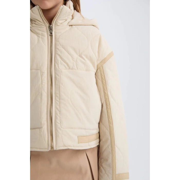 Defacto D6931 Bej Kız Çocuk Su İtici Kapüşonlu Fermuarlı Cepli Mont