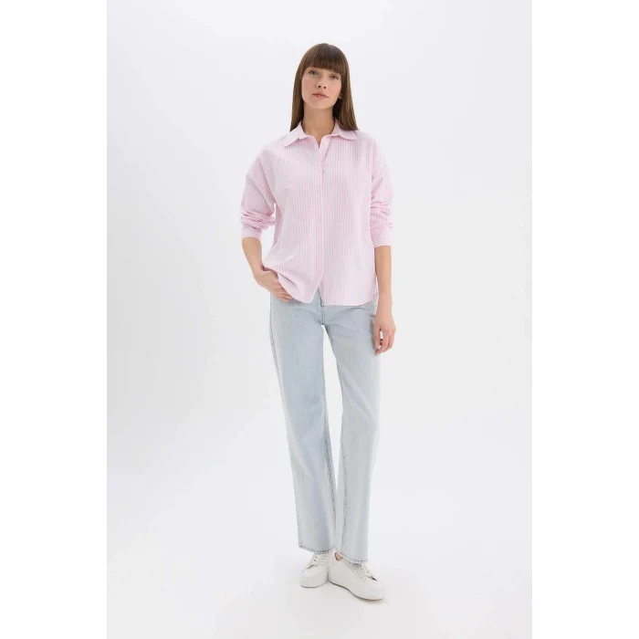 Defacto D4512 Pembe Oversize Geniş Kalıp Çizgili Oxford Uzun Kollu Gömlek