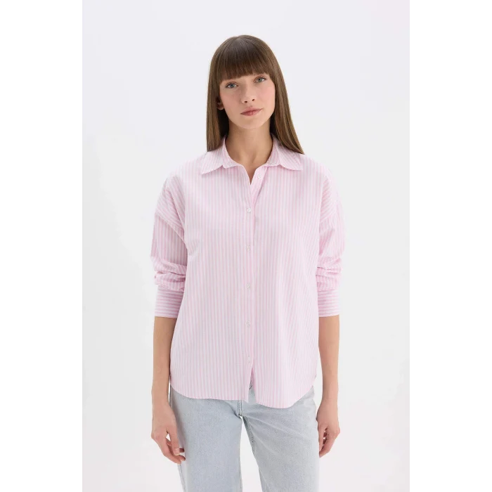 Defacto D4512 Pembe Oversize Geniş Kalıp Çizgili Oxford Uzun Kollu Gömlek
