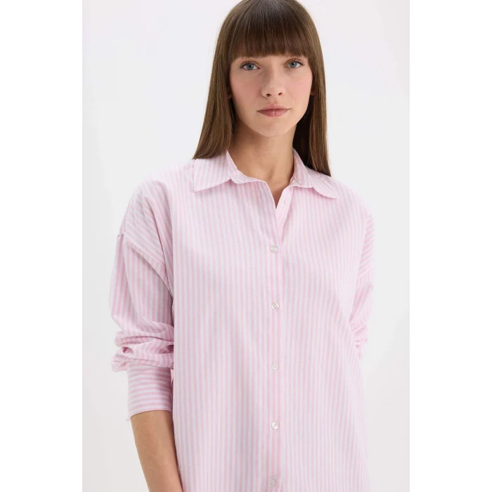Defacto D4512 Pembe Oversize Geniş Kalıp Çizgili Oxford Uzun Kollu Gömlek