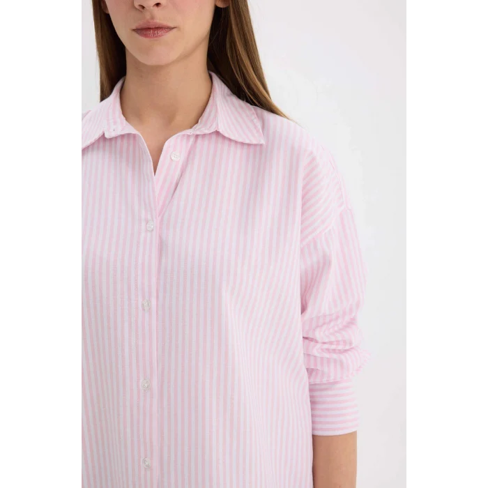 Defacto D4512 Pembe Oversize Geniş Kalıp Çizgili Oxford Uzun Kollu Gömlek