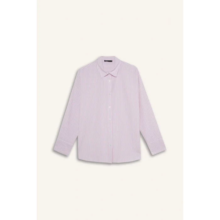 Defacto D4512 Pembe Oversize Geniş Kalıp Çizgili Oxford Uzun Kollu Gömlek
