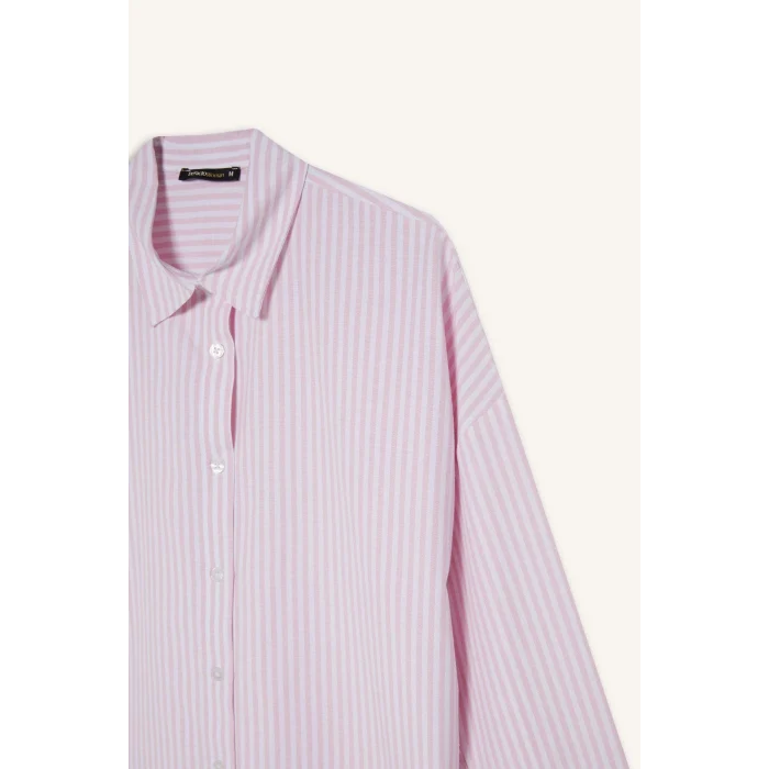 Defacto D4512 Pembe Oversize Geniş Kalıp Çizgili Oxford Uzun Kollu Gömlek