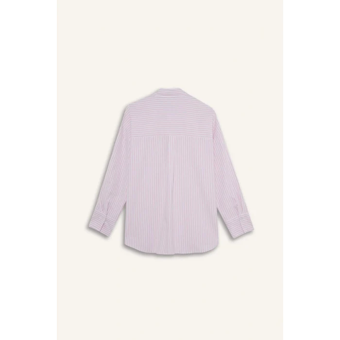 Defacto D4512 Pembe Oversize Geniş Kalıp Çizgili Oxford Uzun Kollu Gömlek