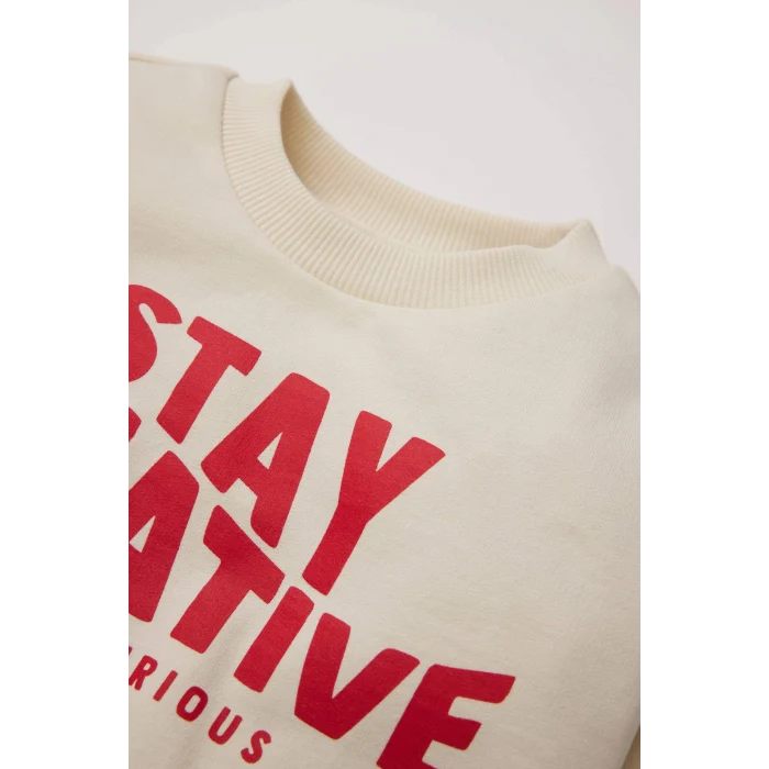 Defacto D7921 Ekru Erkek Bebek 2li Takım Baskılı Sweatshirt Beli Lastikli Eşofman Altı