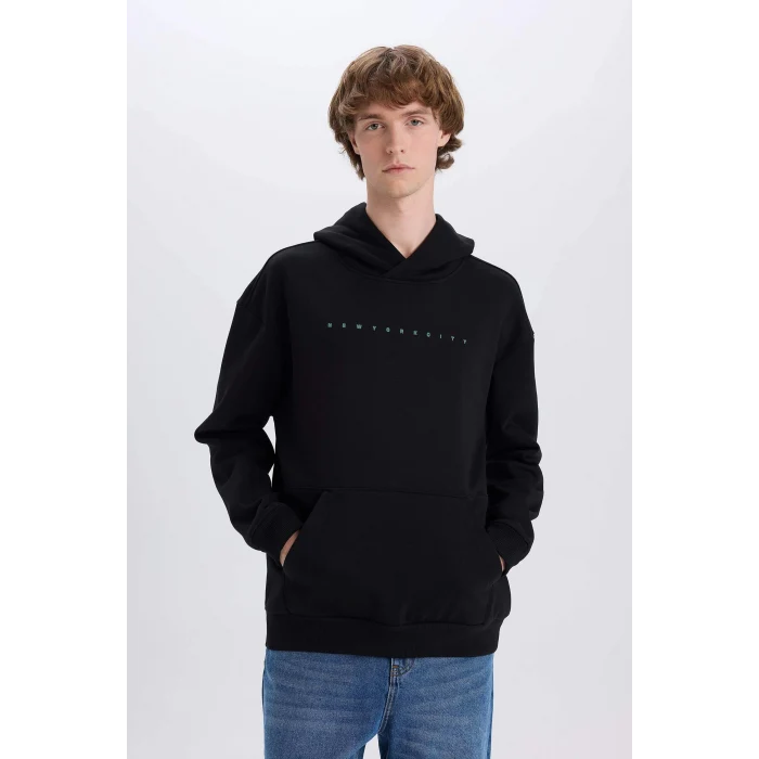 Defacto D8021 Siyah Boxy Fit Kapüşonlu Sırt Baskılı Sweatshirt