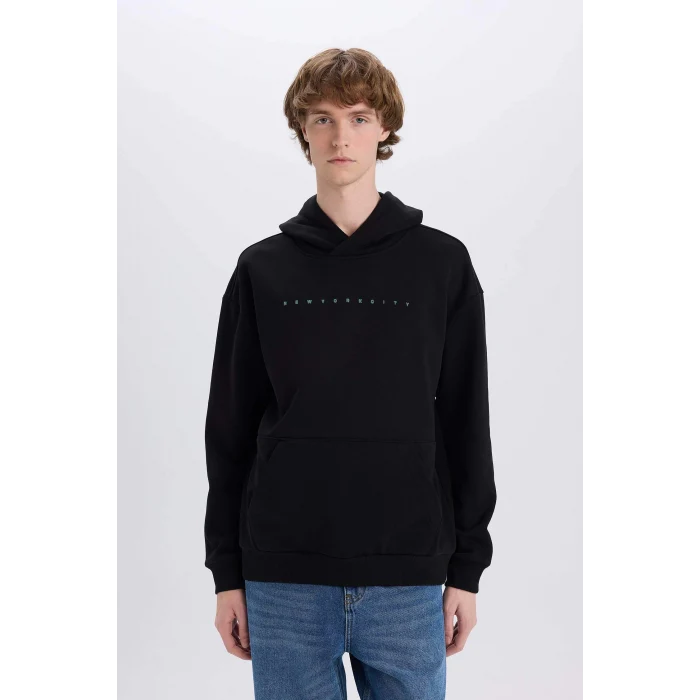 Defacto D8021 Siyah Boxy Fit Kapüşonlu Sırt Baskılı Sweatshirt