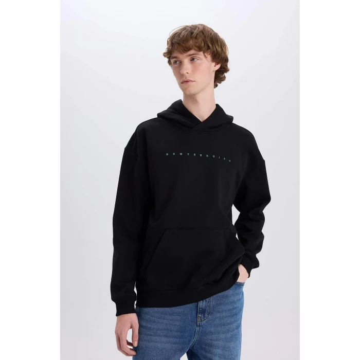 Defacto D8021 Siyah Boxy Fit Kapüşonlu Sırt Baskılı Sweatshirt