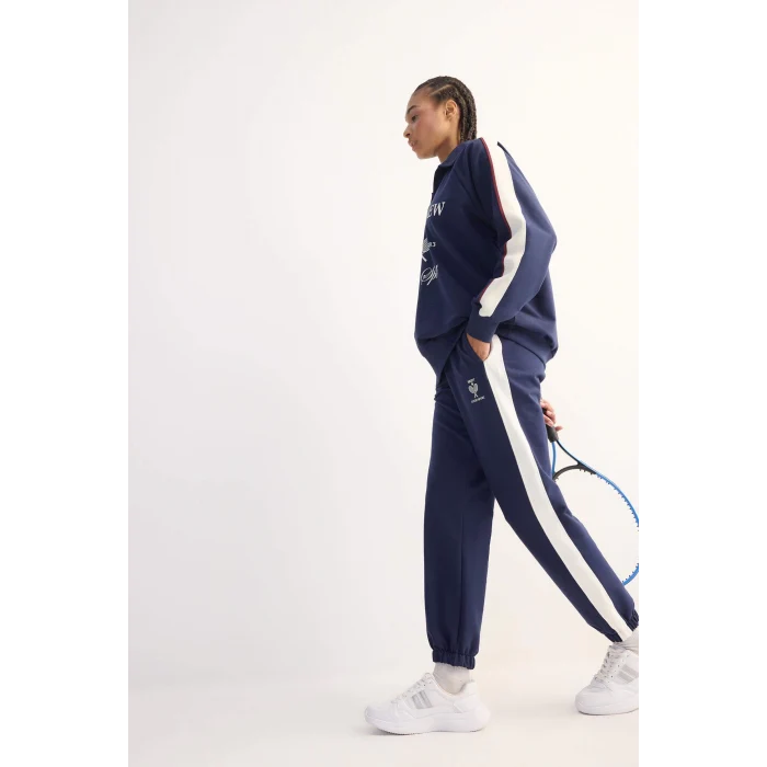 Defacto D7138 Lacivert DeFactoFit Standart Fit Sporcu Jogger İnce Eşofman Altı Beli Bağcıklı Cepli Baskılı