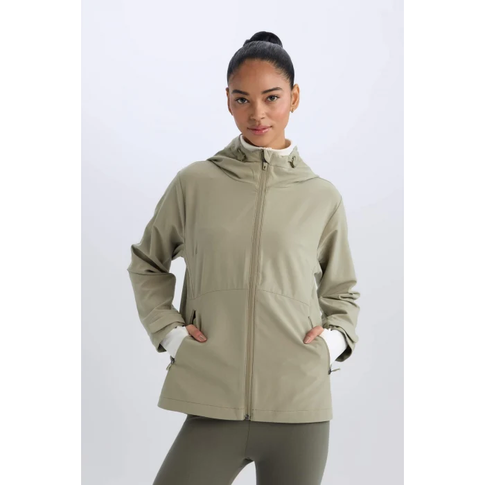 Defacto D6084 Haki DeFactoFit Su İtici Kapüşonlu Fermuarlı Esnek Dokulu Mevsimlik Baharlık Mont