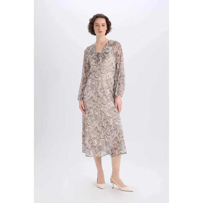 Defacto E7169 Bej Fırfırlı Yaka Etnik Desenli Şifon Uzun Kollu Midi Elbise